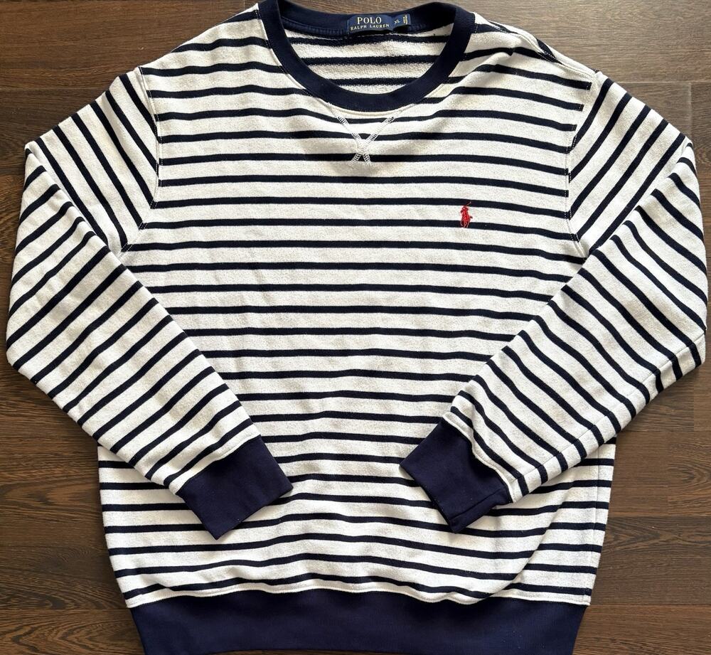 Vintage RALPH LAUREN Size XL White Navy Stripe Cotton Blend Crew Neck Pullover